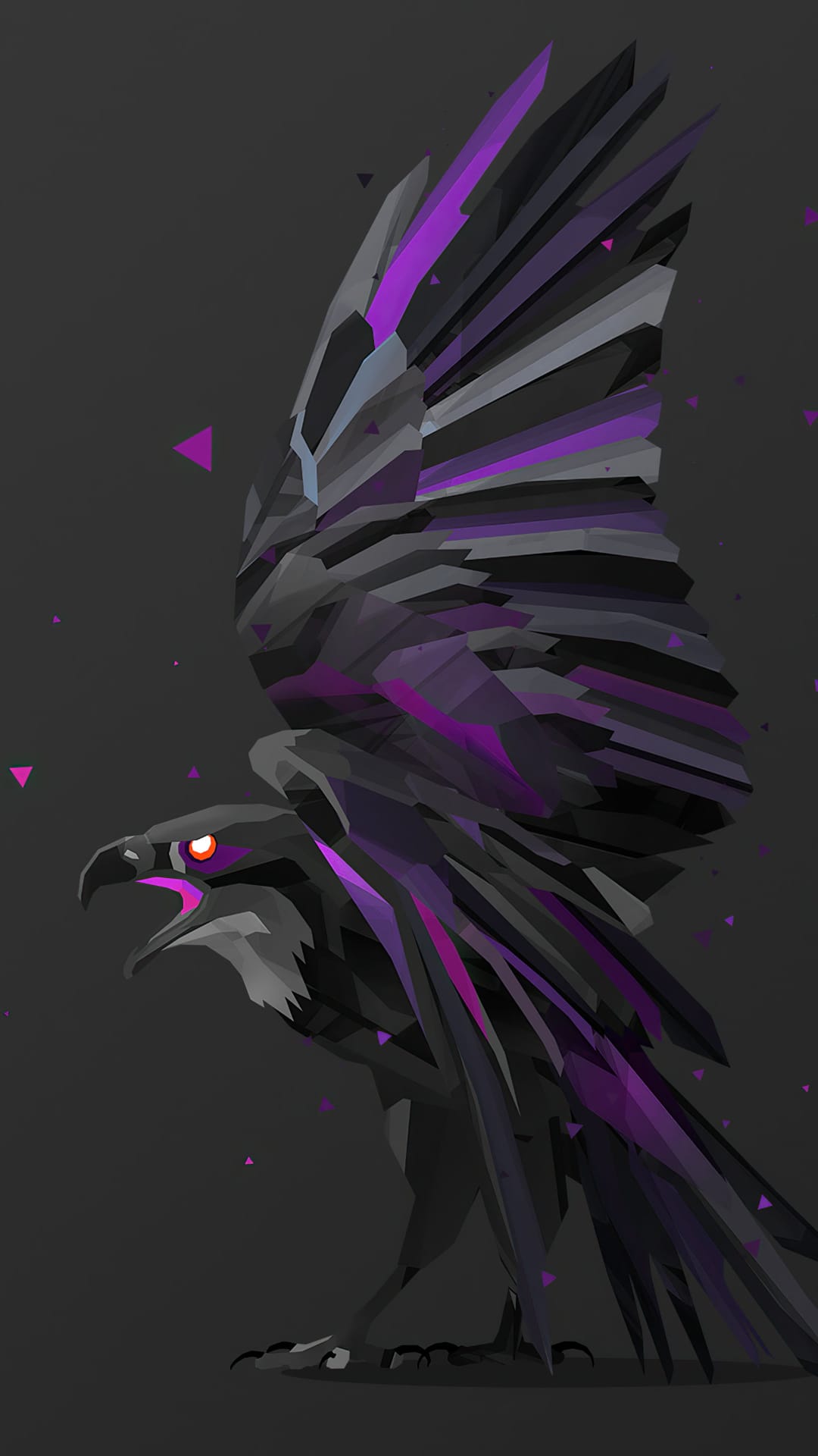 Angular eagle with violet wing accents and glowing eyes centered on a dark gray minimalist backdrop.
