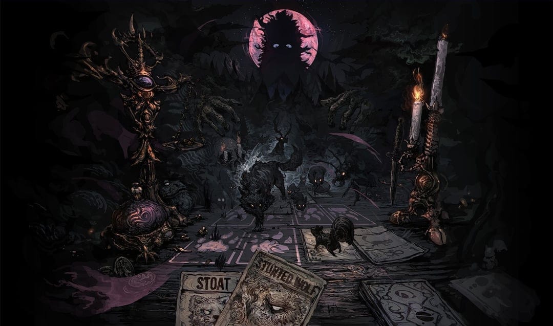 Shadowed figure with glowing eyes plays a dark card game in a moonlit forest with animal spirits.