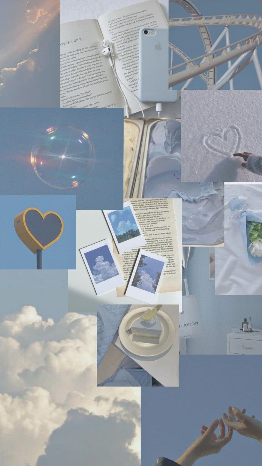 Soft blue clouds surround a vintage book, headphones, and a polaroid photo in a nostalgic pastel collage.