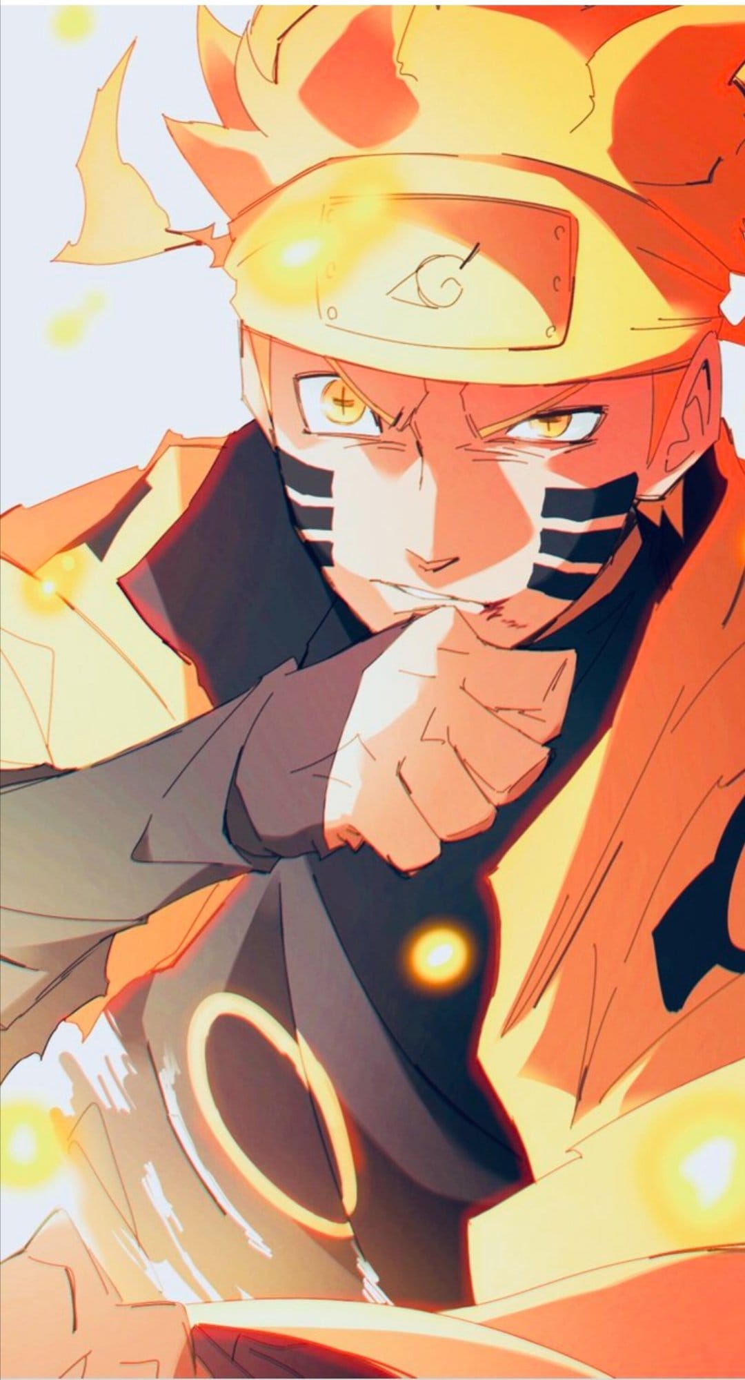 Naruto Uzumaki in Nine-Tails Chakra Mode with glowing orange energy, yellow spiky hair, and whisker facial marks.