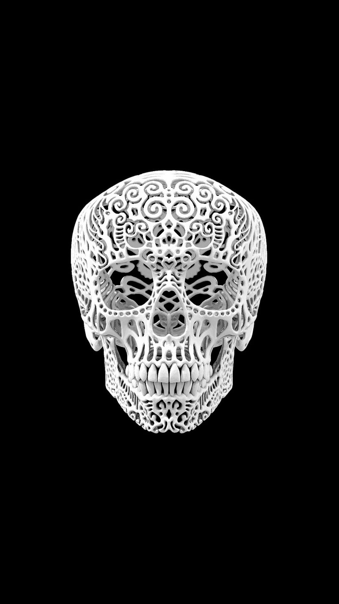 Ornate white skull with delicate lace patterns and floral carvings positioned against a solid black background.