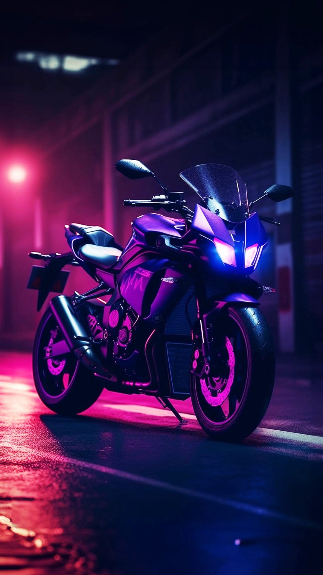 Purple futuristic motorcycle parked on a wet city street reflecting pink and blue neon lights at night.