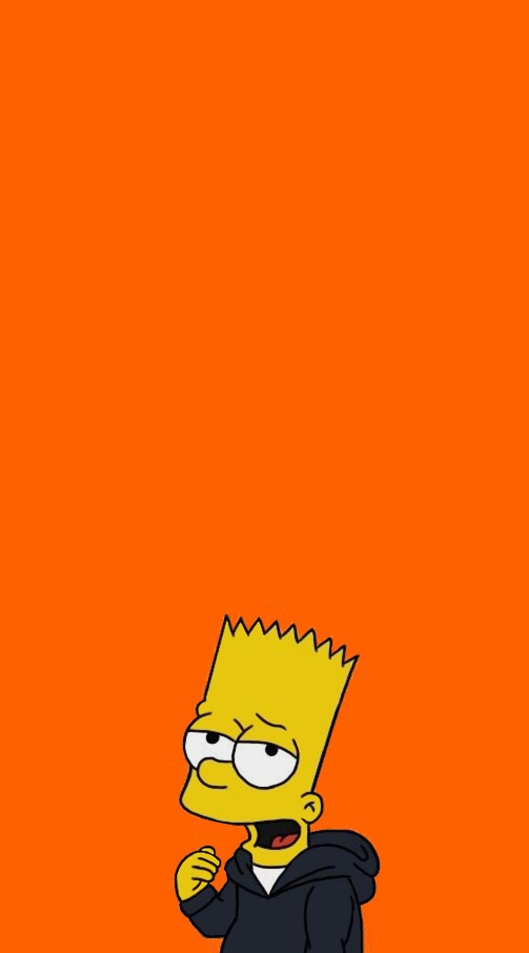 Bart Simpson looking exhausted in a dark hooded sweatshirt against a solid vibrant orange background.