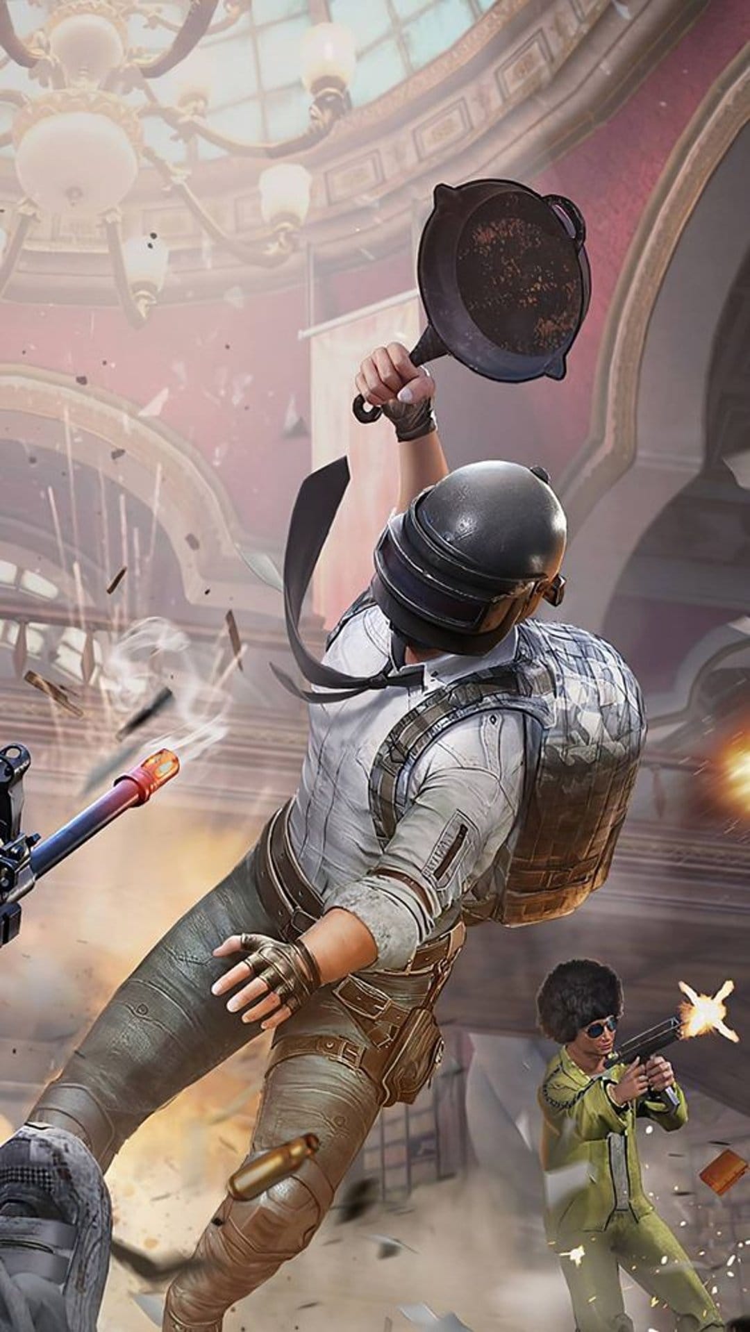 Tactical soldier in a level 3 helmet holds a frying pan amidst flying bullets and fiery battlefield explosions.