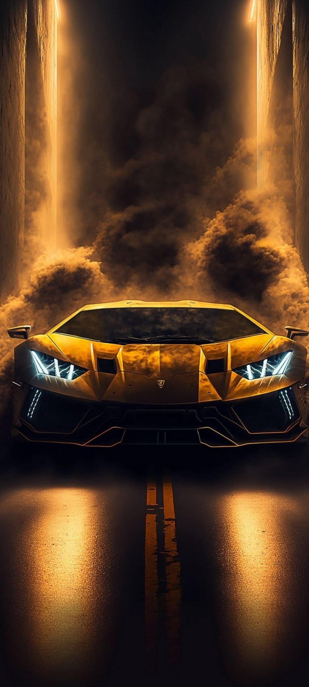 Yellow Lamborghini headlights shine through orange smoke and light beams reflecting on a wet dark road surface.