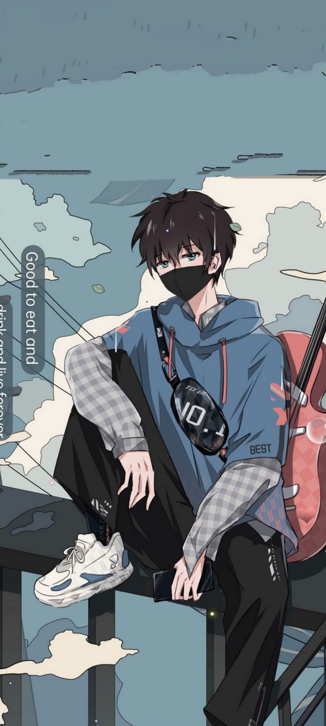 Masked boy with blue eyes sits on an urban ledge with a guitar, wearing a blue hoodie and sneakers.