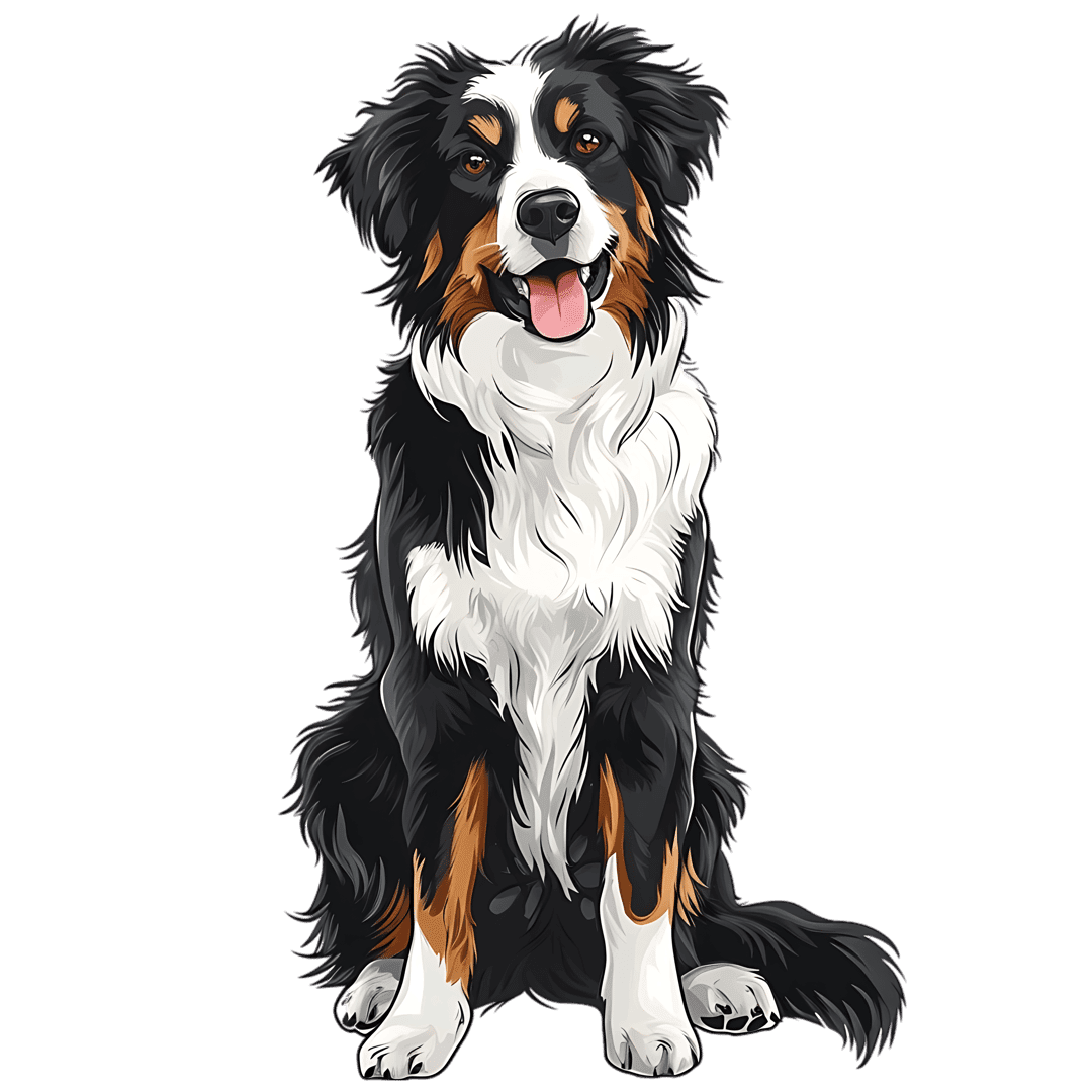 Bernese Mountain Dog illustration sitting with tongue out, featuring thick black fur and white chest markings.