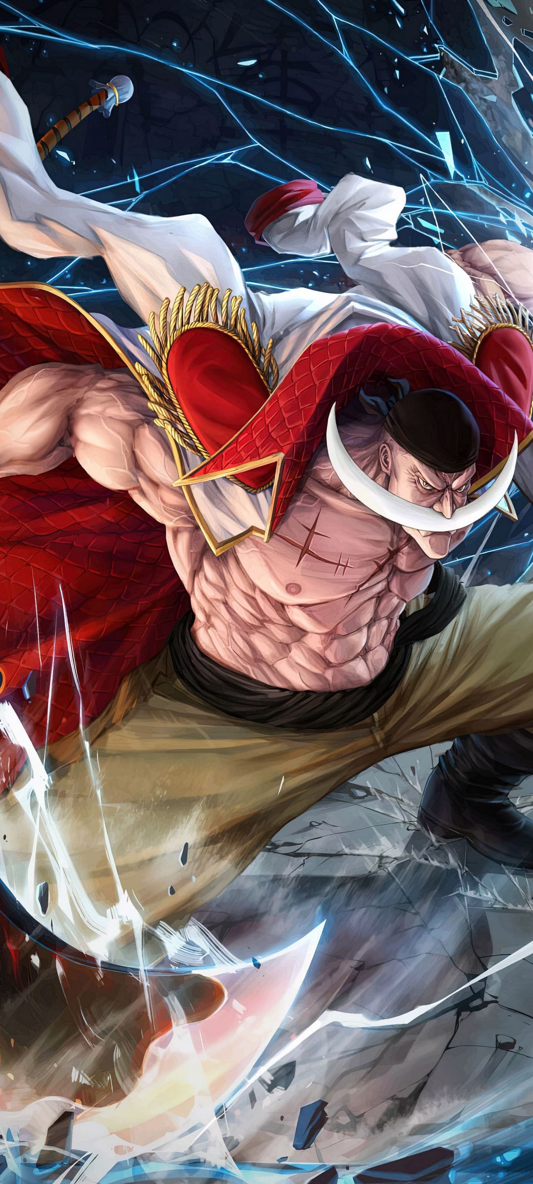 Whitebeard strikes with a glowing fist amidst shattered air and lightning while his white cape billows behind him.