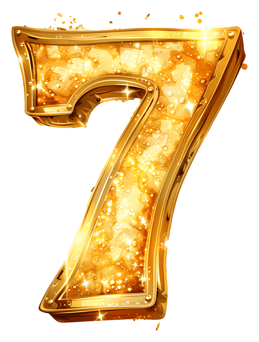 Golden number seven featuring a reflective metallic surface and sharp 3D beveled edges on a transparent background.