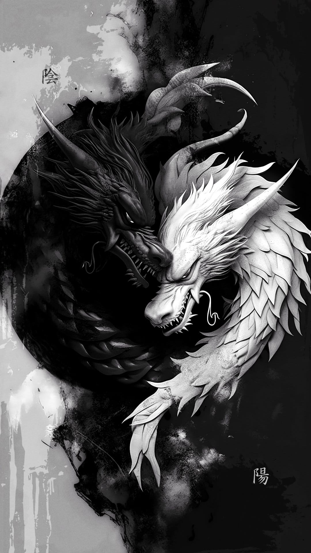 Two intertwining dragons, one black and one white, clash amidst a swirling vortex of energy and cosmic dust.