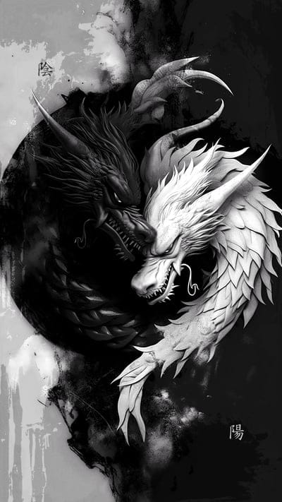 dragons,yin and yang,black and white,art