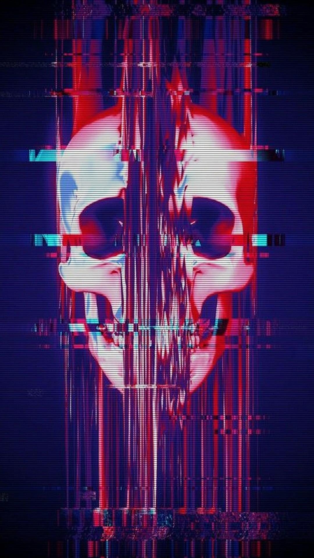 Skeletal skull distorted by red and blue digital scan lines and pixel artifacts on a dark background.