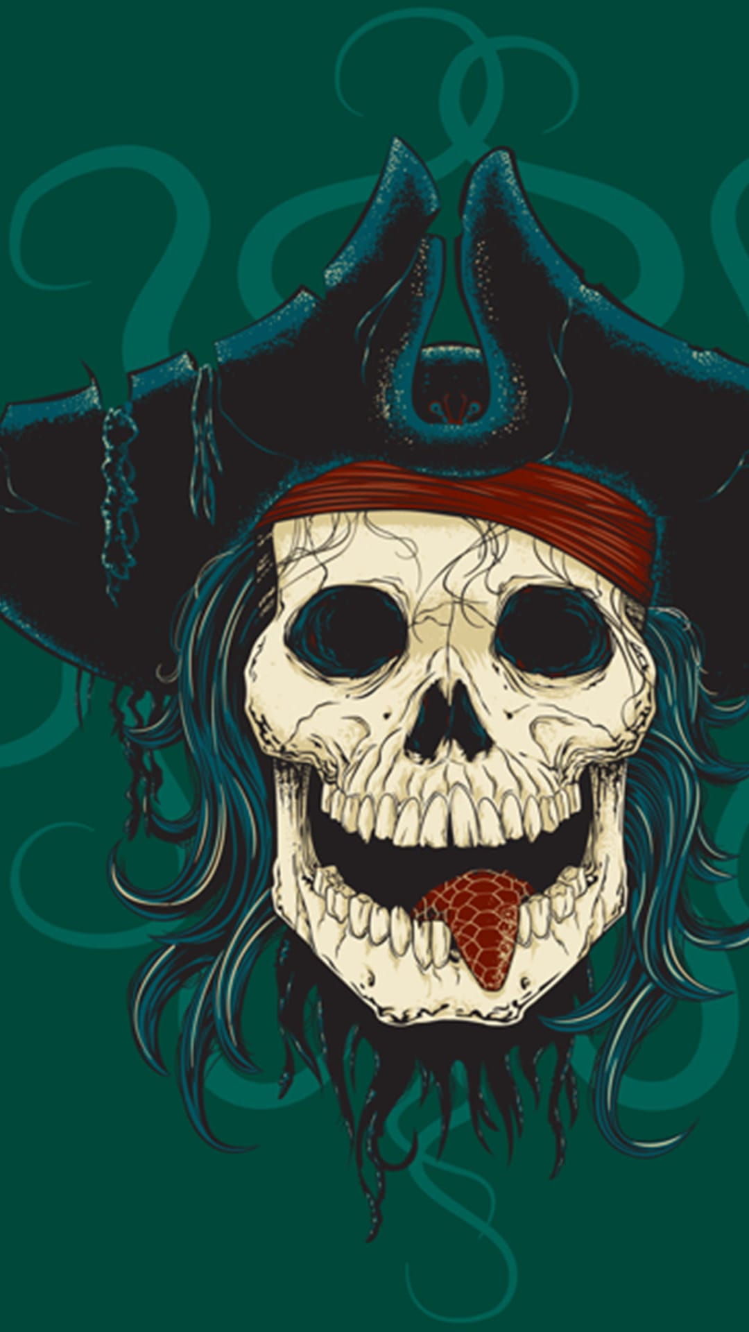 Pirate skull wearing a tricorn hat and red bandana with a snake tongue among swirling dark green tentacles.