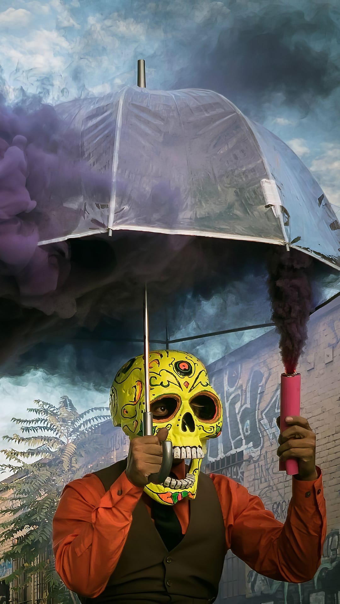 Person wearing a yellow sugar skull mask holds a clear umbrella while releasing a thick plume of purple smoke.