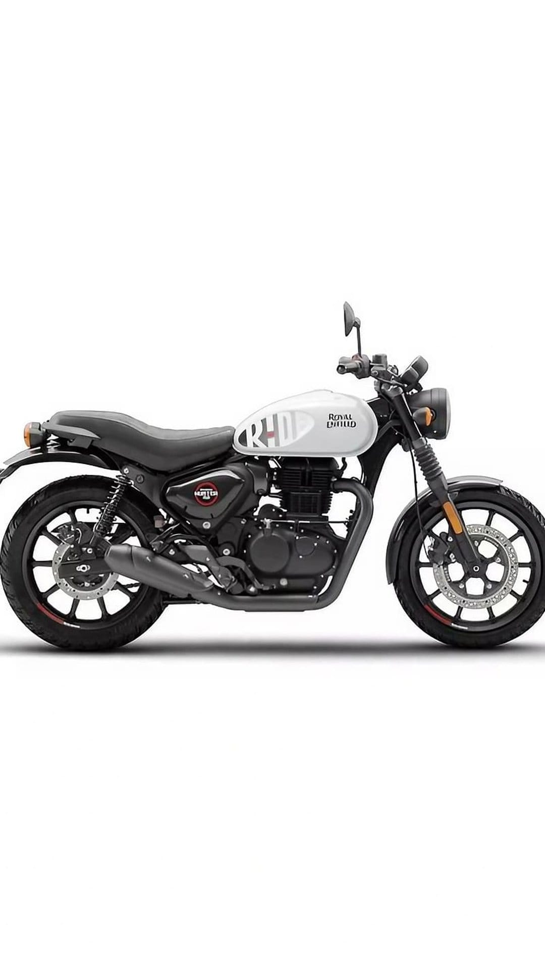 Royal Enfield Hunter 350 motorcycle in white shown from the side against a plain white studio background.