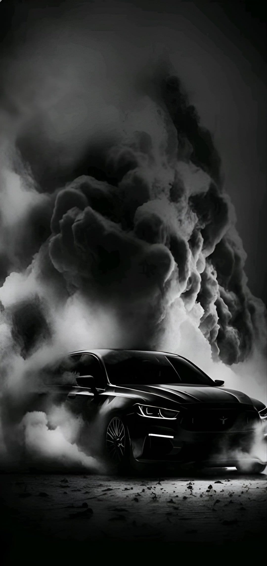 Ford Mustang drifting sideways through thick dark smoke with glowing headlights in a high-contrast black and white shot.