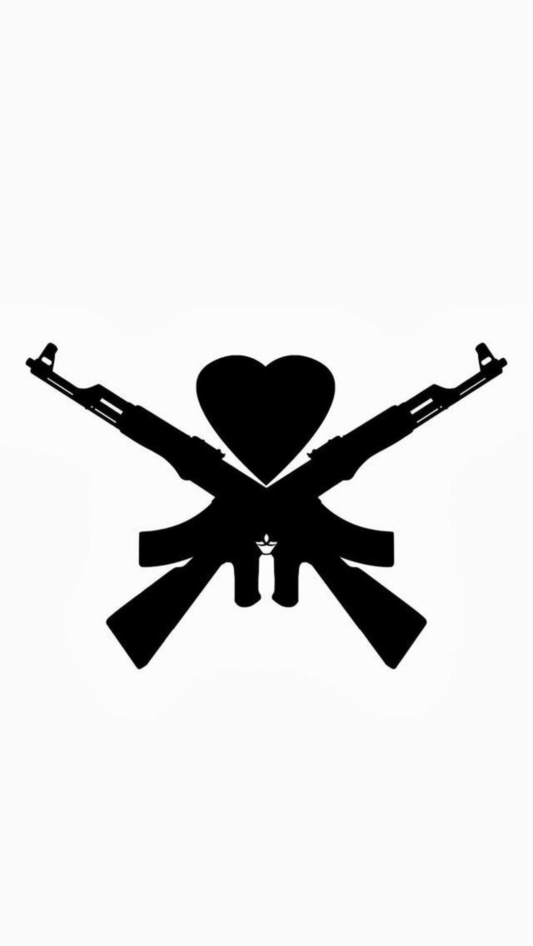 Crossed AK-47 rifles form an X shape behind a solid black heart silhouette against a plain white background.