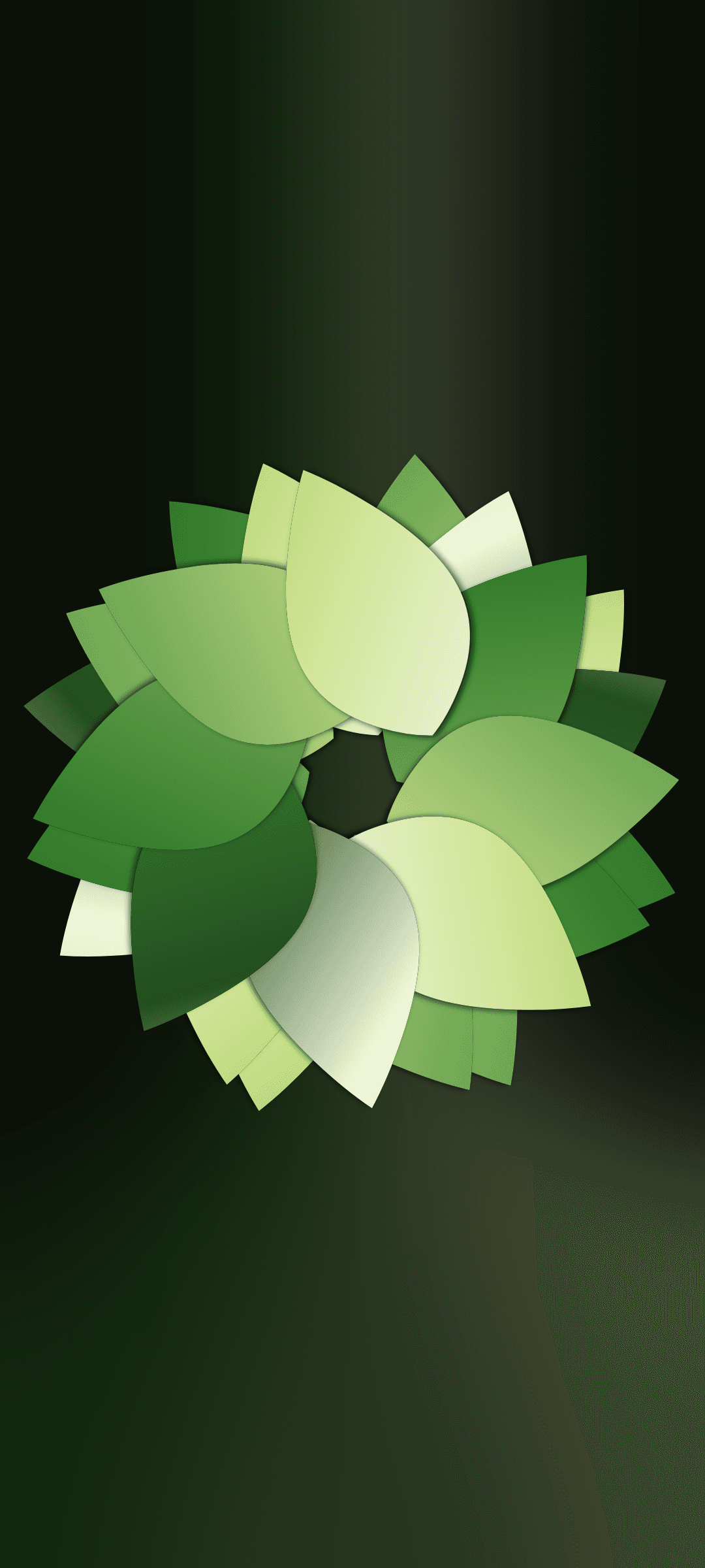 Circular wreath of layered green leaves with soft gradients centered on a dark vertical background for mobile.