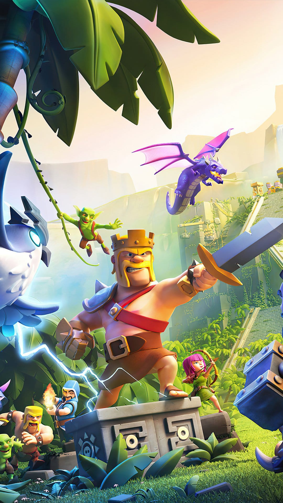Barbarian King holding a sword on stone ruins in a lush jungle with an Archer and flying purple Dragon.