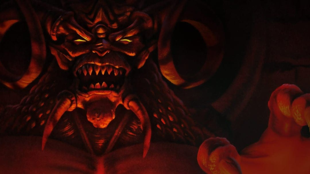 Demonic face of Diablo with glowing yellow eyes, sharp teeth, and large horns in a dark red fiery atmosphere.