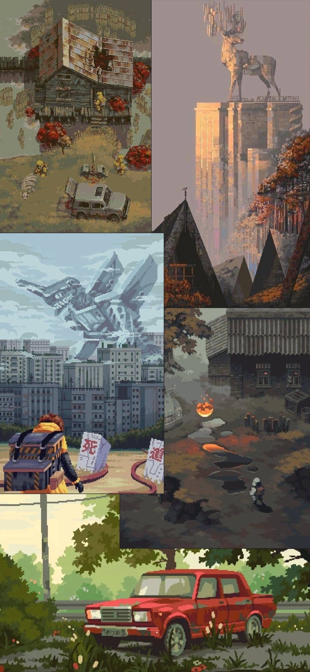 Giant robotic mechs tower over neon skyscrapers and derelict buildings in a detailed pixelated landscape.