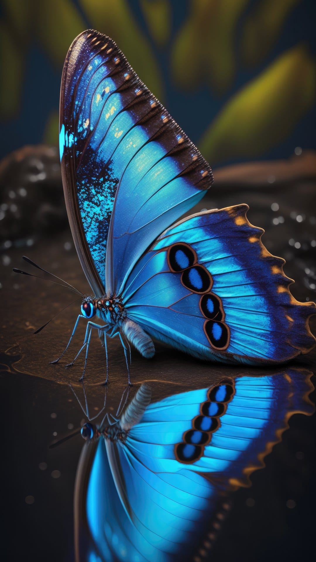 Blue butterfly with gold eye-spots reflects on dark shimmering water against a blurred green background.