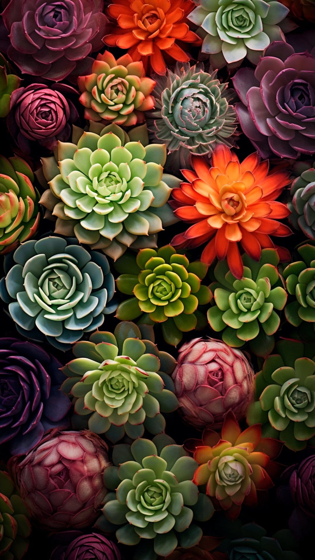 Succulent rosettes in shades of pink, orange, and purple arranged in a dense, top-down botanical pattern.