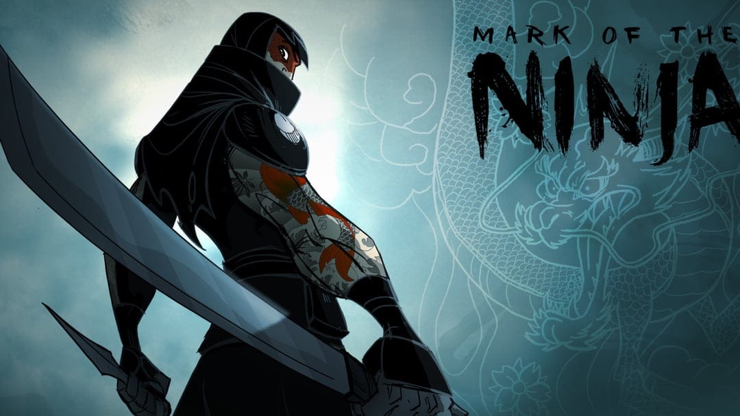 Ninja warrior with koi tattoos holding a sword against a misty blue background with a faint dragon outline.