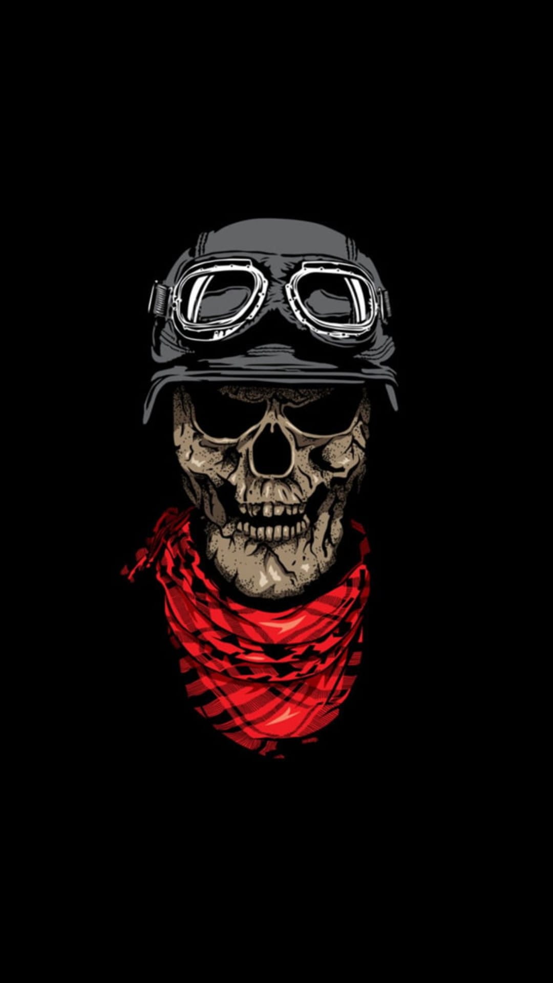 Skull wearing vintage aviator goggles and a red plaid scarf against a solid black background in portrait view.