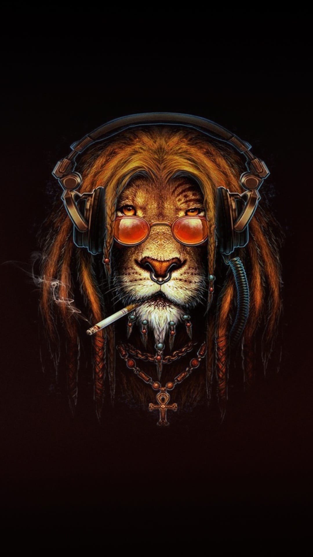 Lion with long dreadlocks wears headphones and sunglasses, showcasing a calm expression and textured mane.