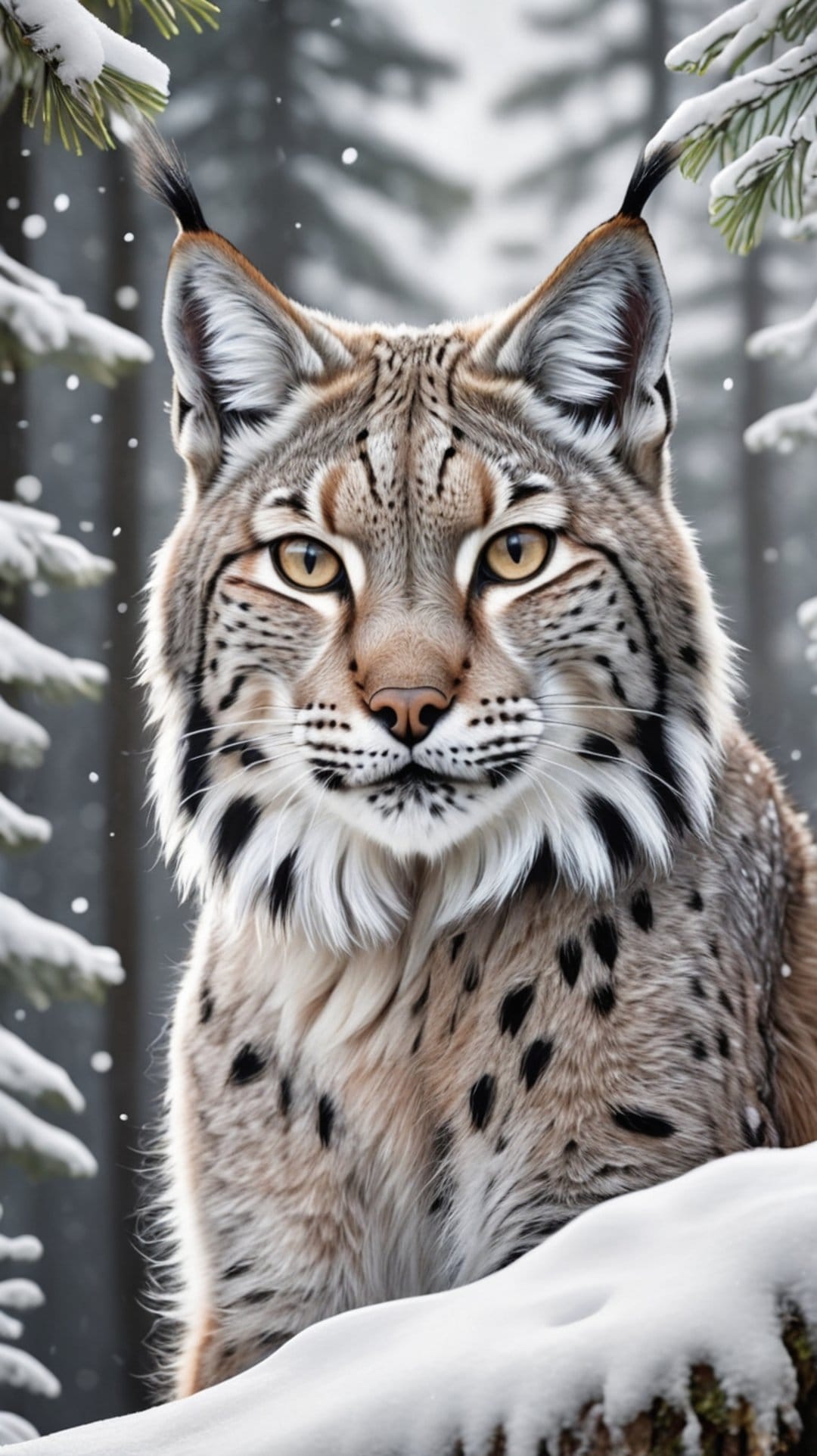 Lynx face with tufted ears and yellow eyes stares forward against a blurred background of snow-covered pine trees.