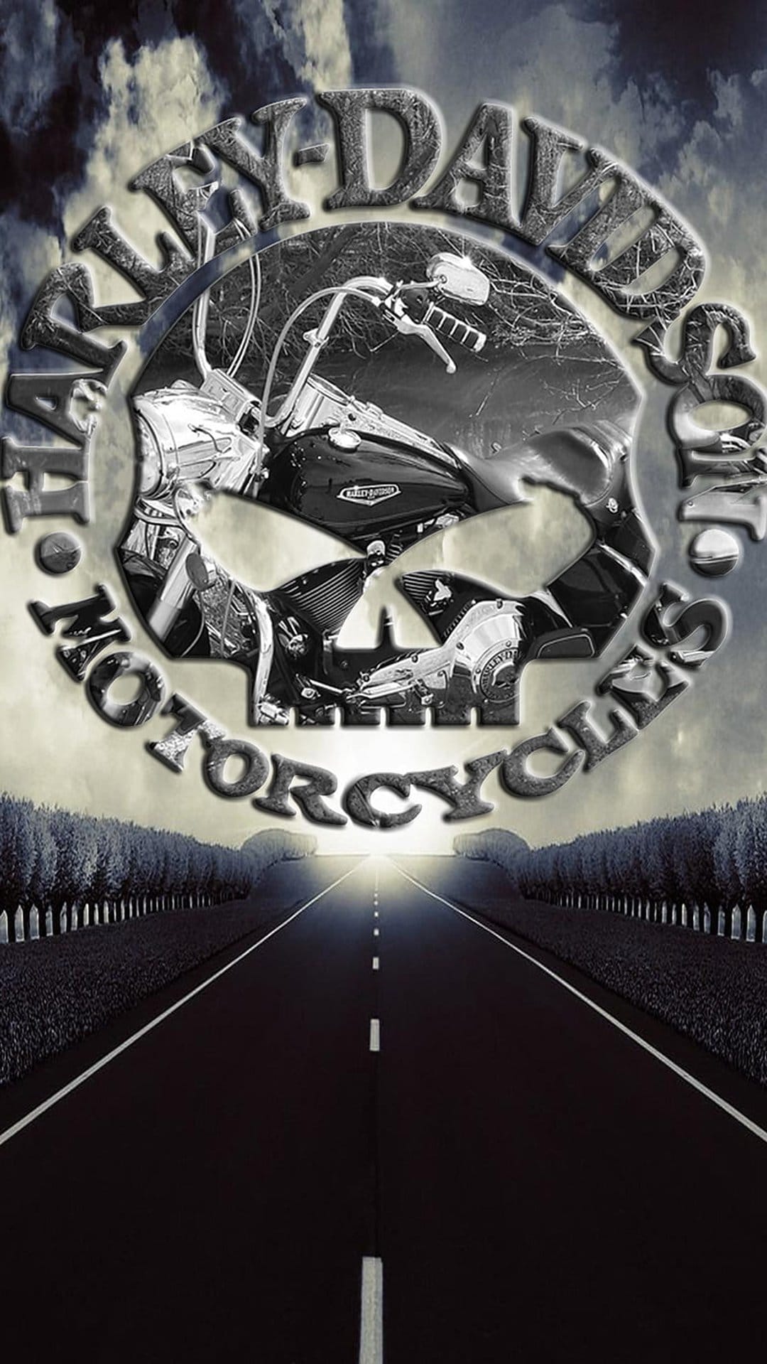 Harley-Davidson cruiser motorcycle integrated into a skull emblem on a dark road leading toward a bright light.