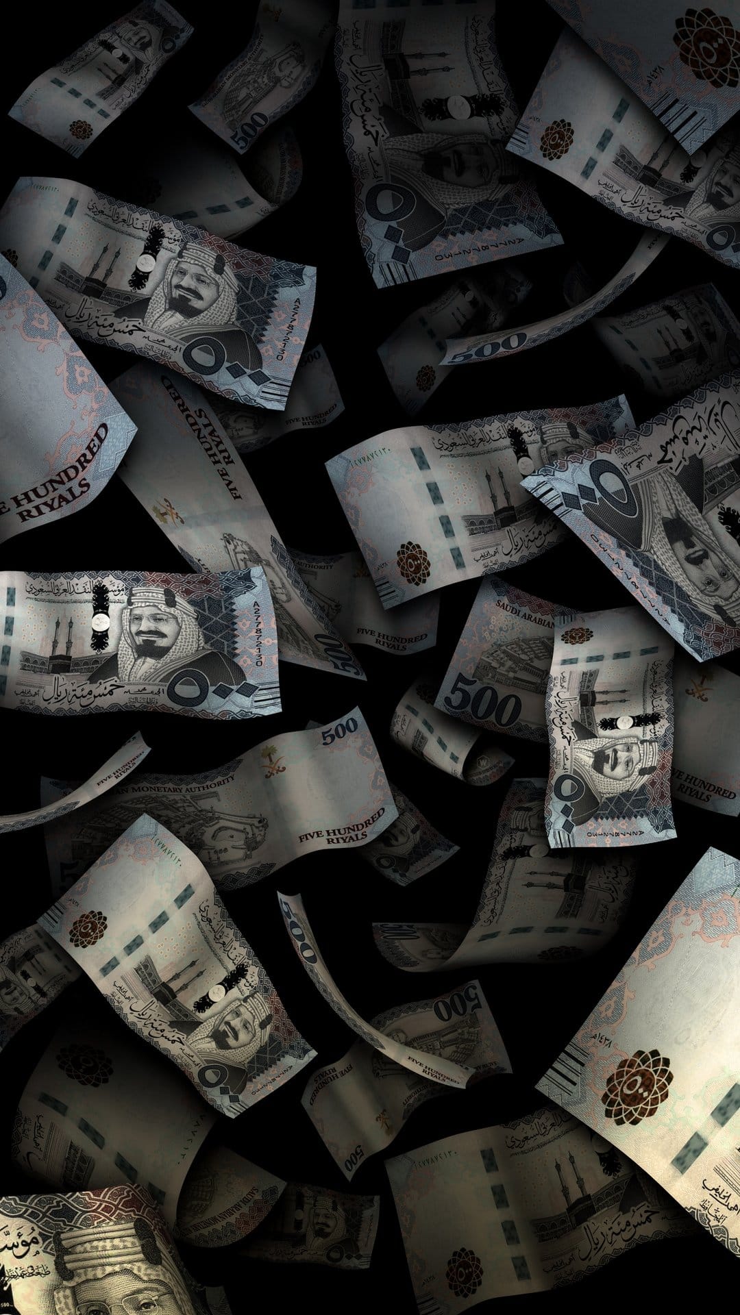 Five hundred Saudi Riyal banknotes falling in a scattered arrangement against a solid black background.