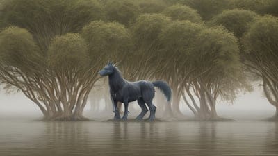 Cool,Beautiful,Black,Animal,Mythical,Creature,Mythic,Legendary,Ai Artwork,Ai,Artwork,Wallpaper,Rare,Desktop Wallpaper,Horse,Water,Trees