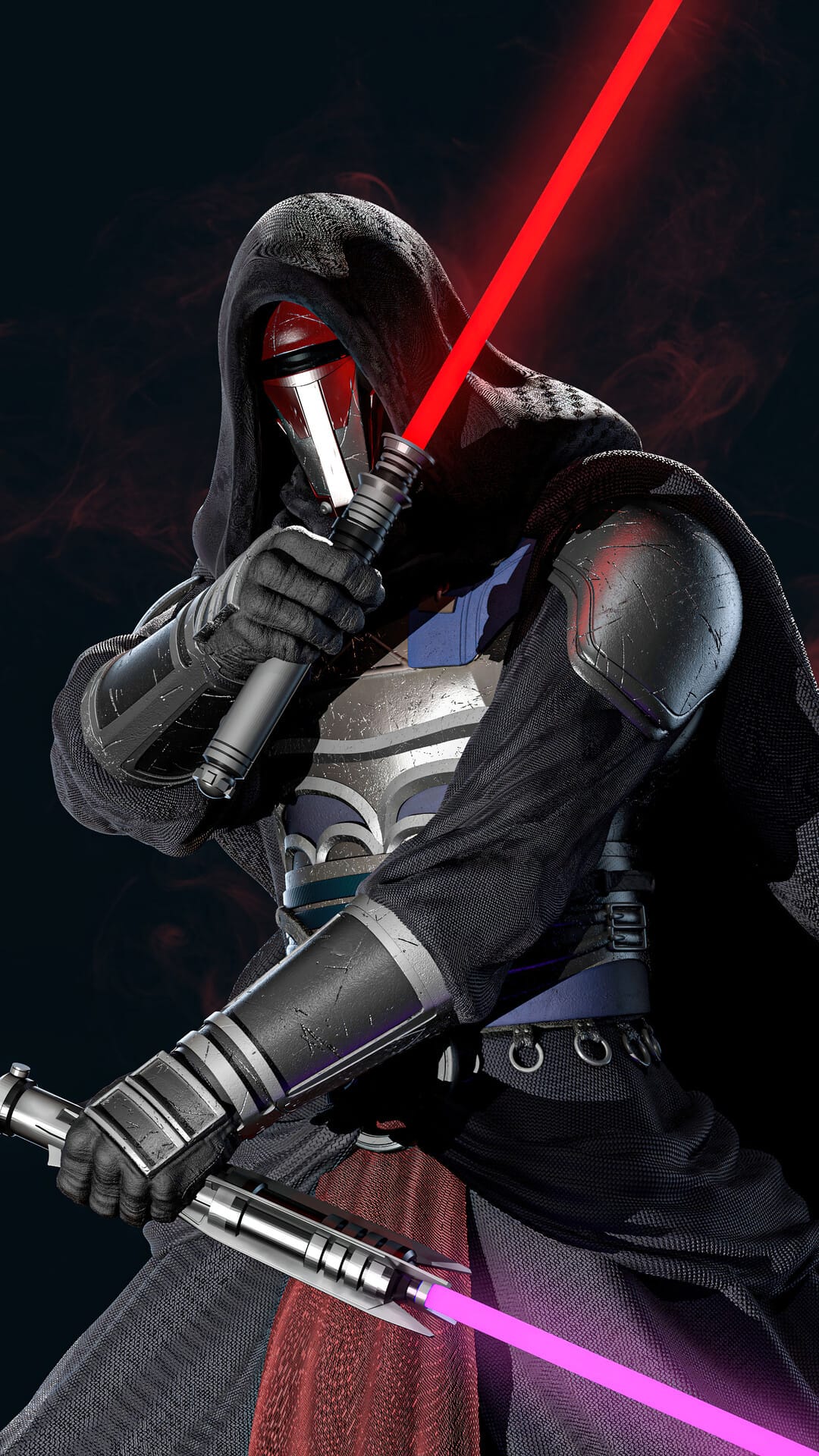 Masked warrior holding red and purple lightsabers against a dark smoky background with red lighting.