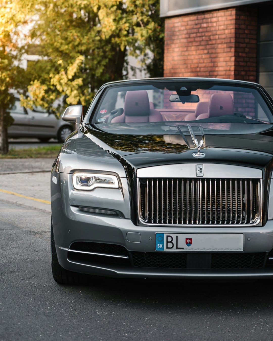 Silver Rolls-Royce convertible featuring a red leather interior and chrome grille parked under sunlit green trees.