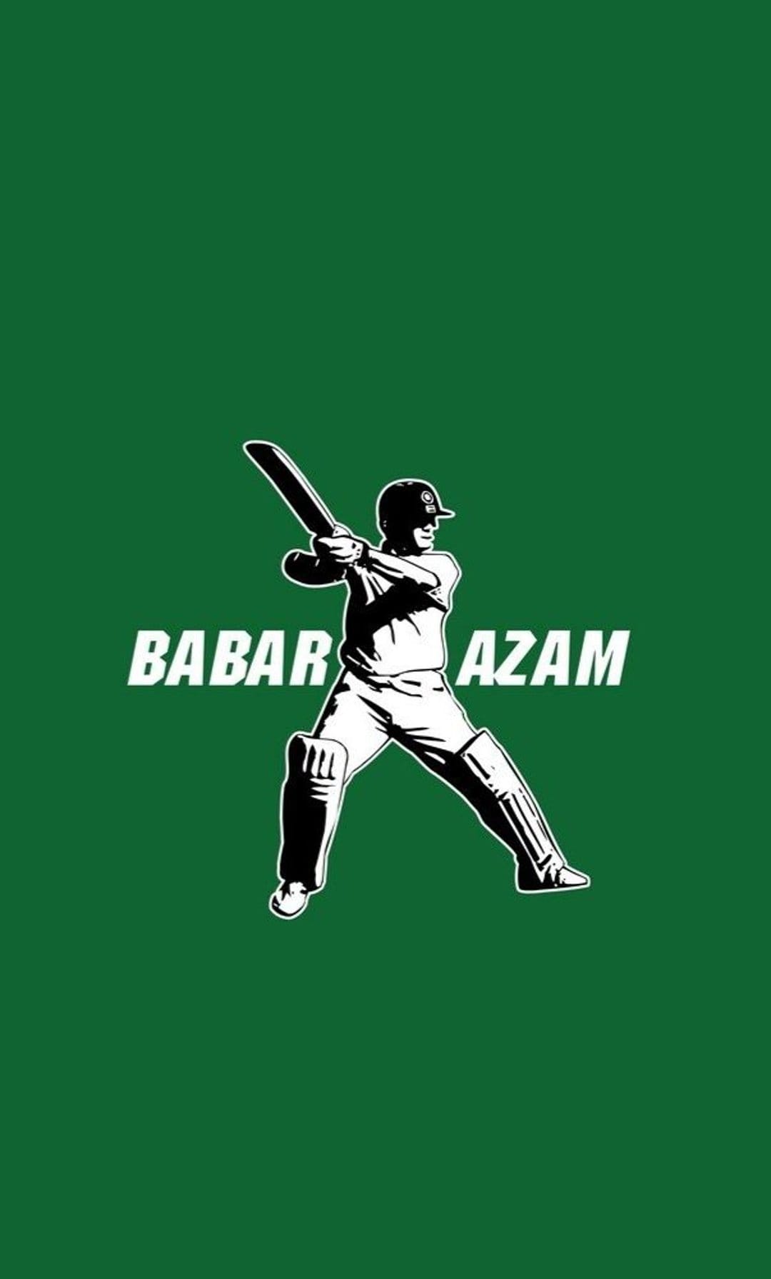 Babar Azam in full cricket gear holds a bat against a solid green background with bold white typography.