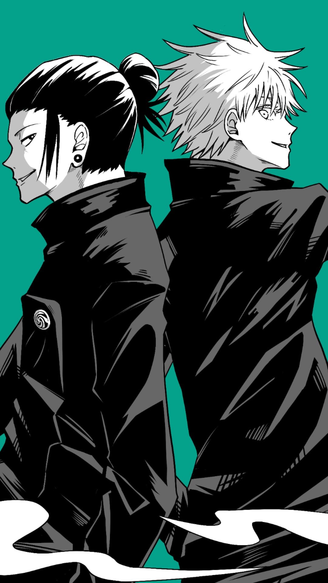 Satoru Gojo and Suguru Geto stand back-to-back in black uniforms against a solid turquoise background.