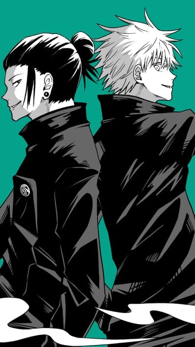 Jujutsu Kaisen, Satoru Gojo, Suguru Geto, anime, character art, best friends, manga, dynamic duo, fan art, illustration, animated, stylish, teal background, black uniforms