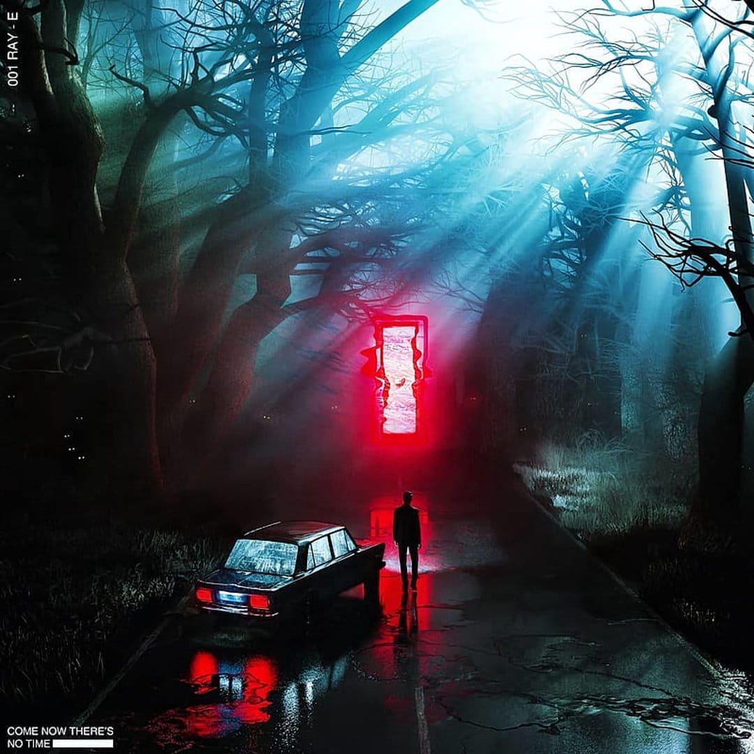 Solitary figure by a vintage car on a wet forest road facing a glowing red rectangular portal in the mist.