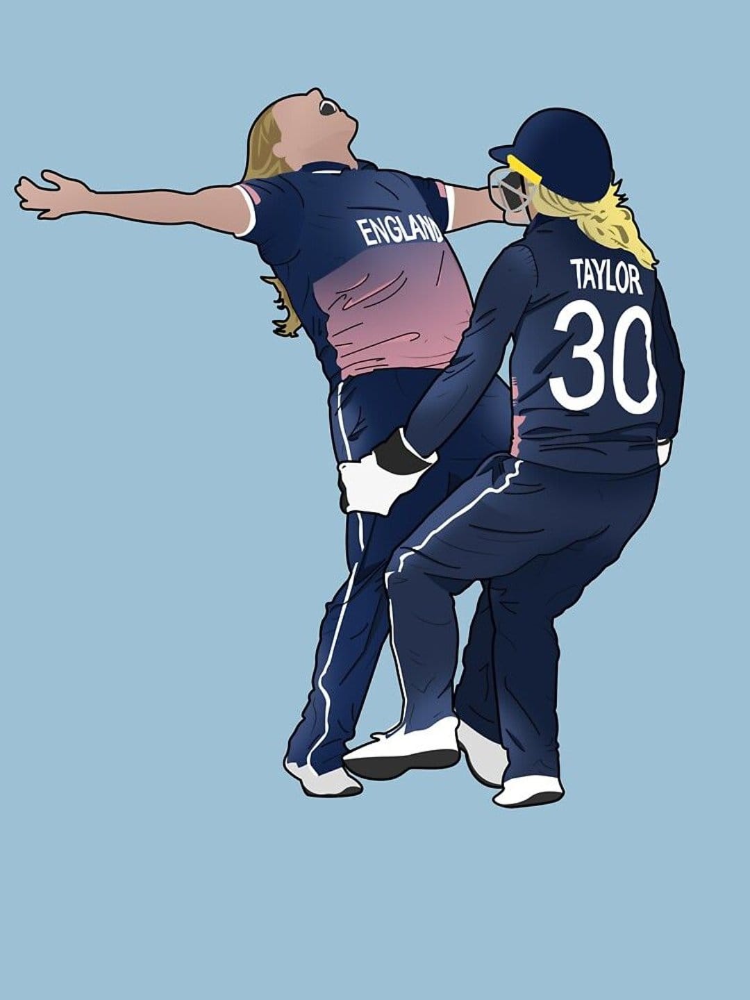 England cricketer Sarah Taylor lifts her cheering teammate against a light blue background in a victory embrace.
