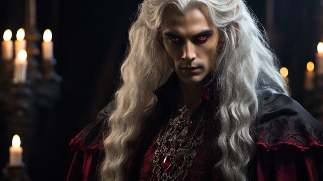 Male vampire with silver hair and red eyes wearing a black and red cape with a large jeweled pendant.