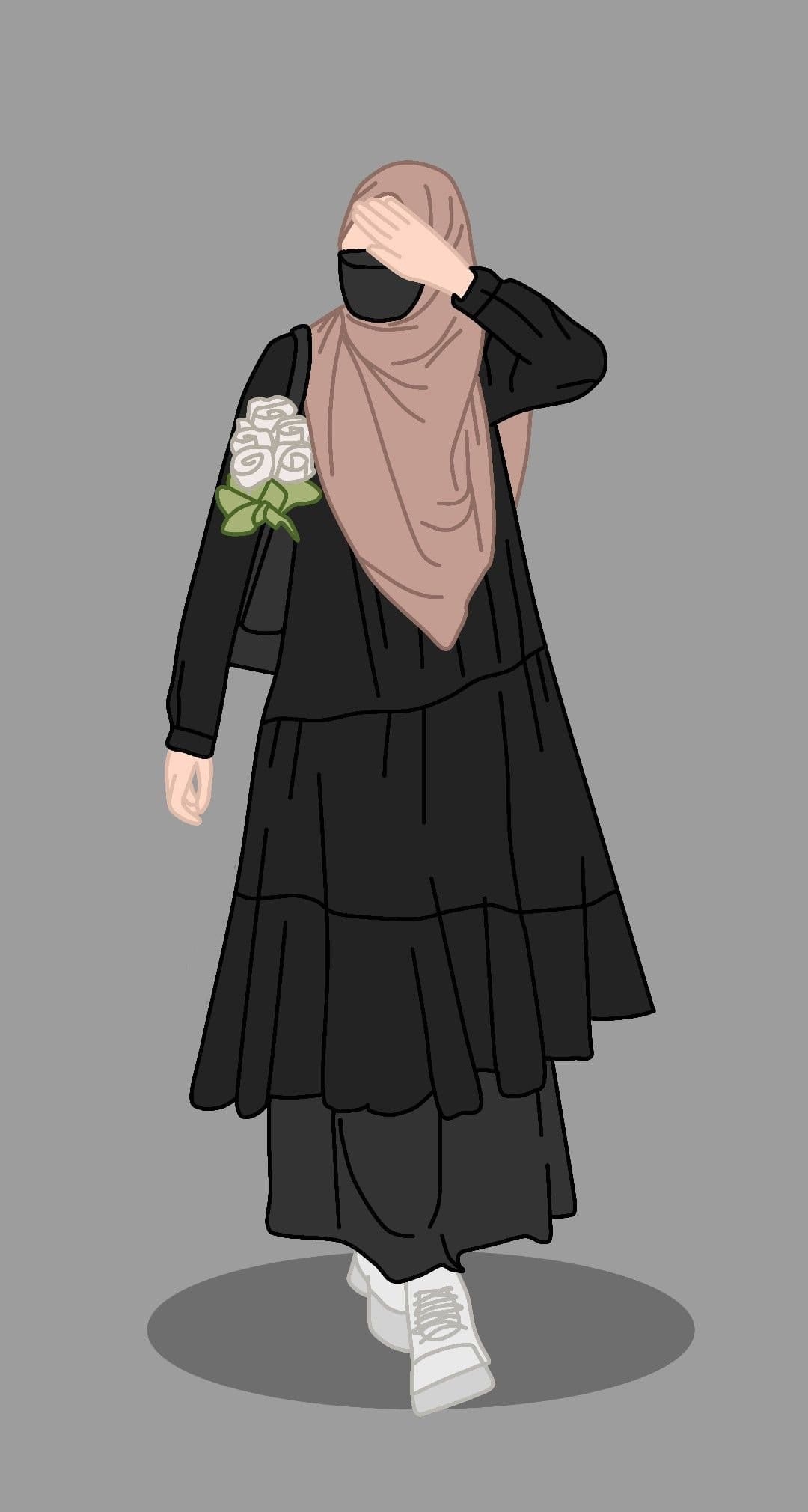 Muslim woman wearing a black tiered dress and niqab holds white roses against a minimalist grey background.