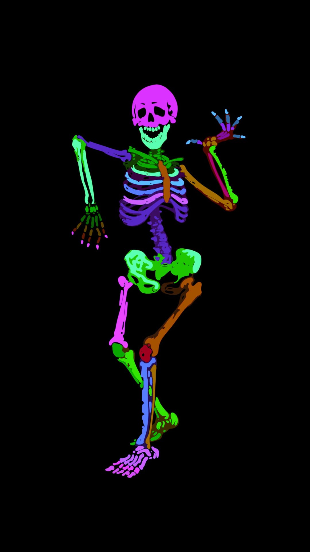 Grinning skeleton with neon pink and blue bones dances against a black background with one hand raised in a wave.