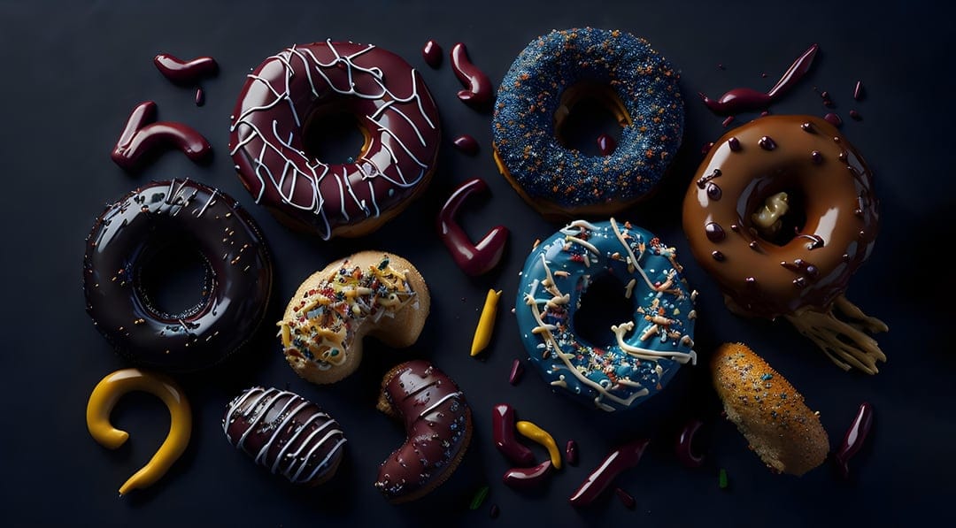 Assorted donuts with chocolate glaze and blue icing rest on a dark surface, featuring bright sugar sprinkles.
