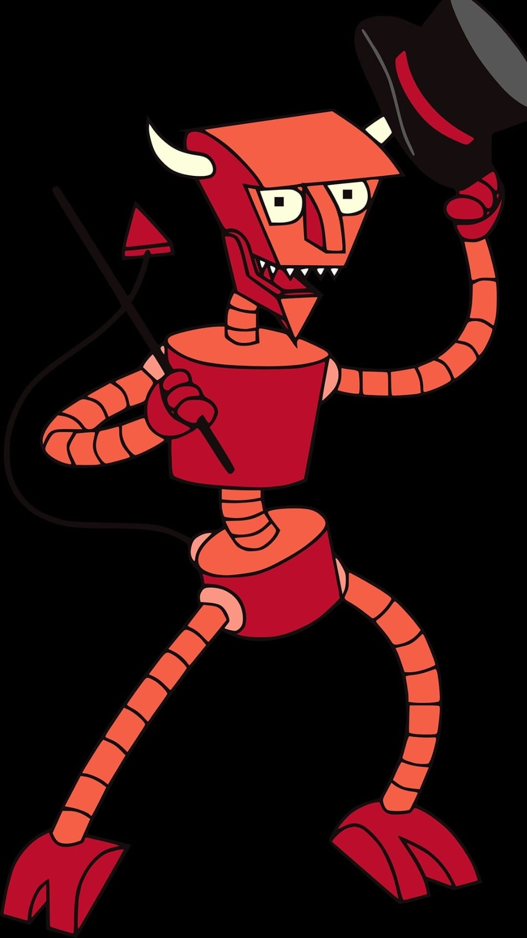 Robot Devil character with red armor holding a black top hat and a sharp golden pitchfork in a standing pose.