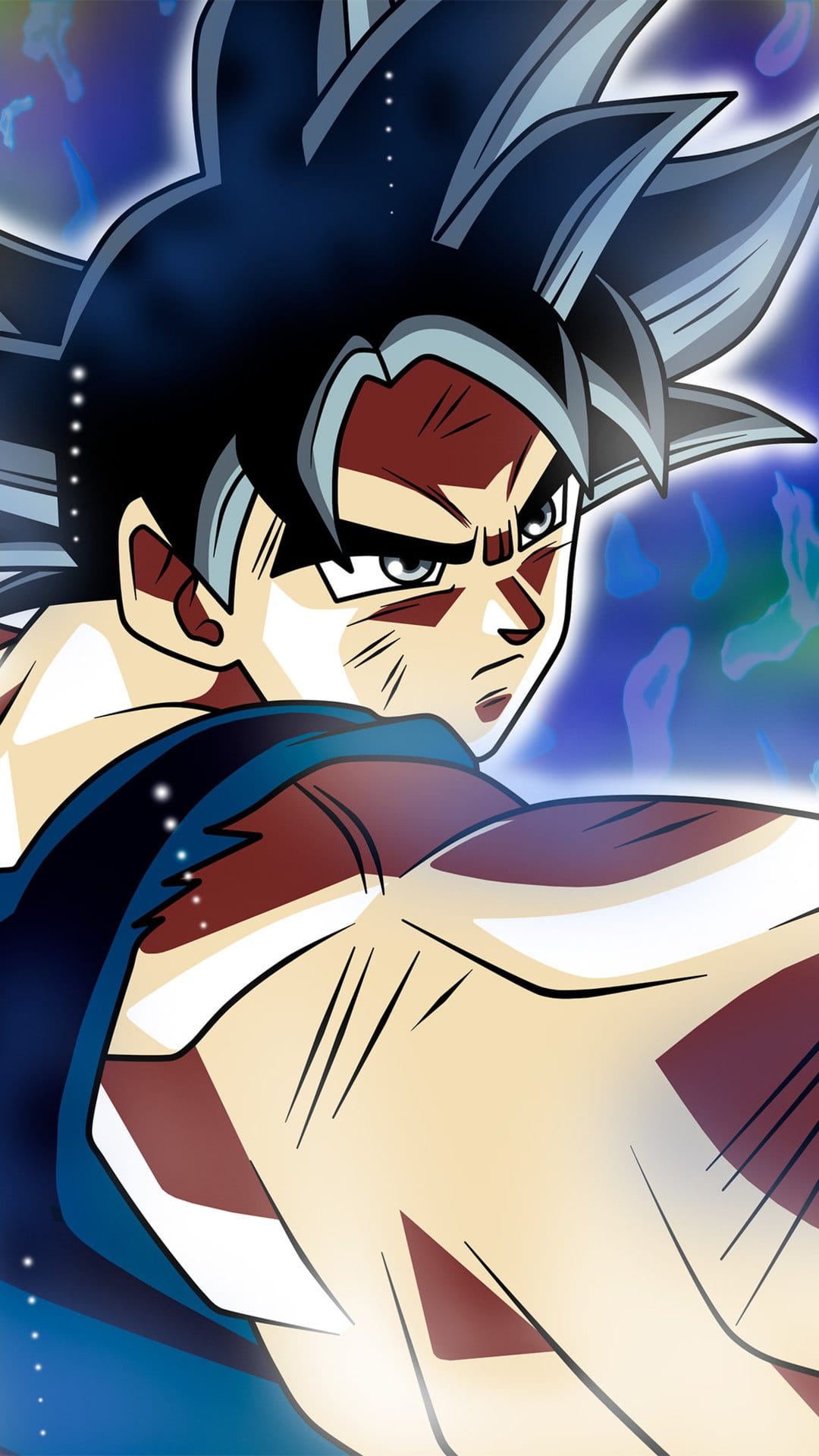 Goku stands with silver hair and a glowing blue aura against a dark background in Mastered Ultra Instinct form.