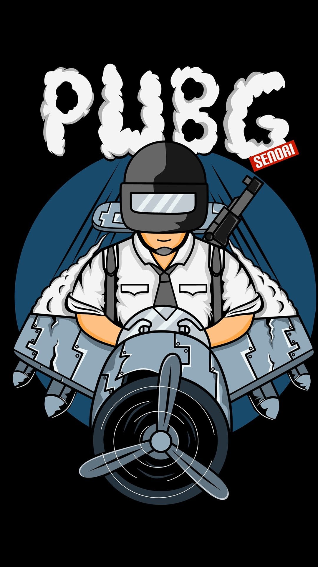 PUBG character in a pilot helmet sits in a vintage cockpit with a spinning propeller and bold graphic lines.
