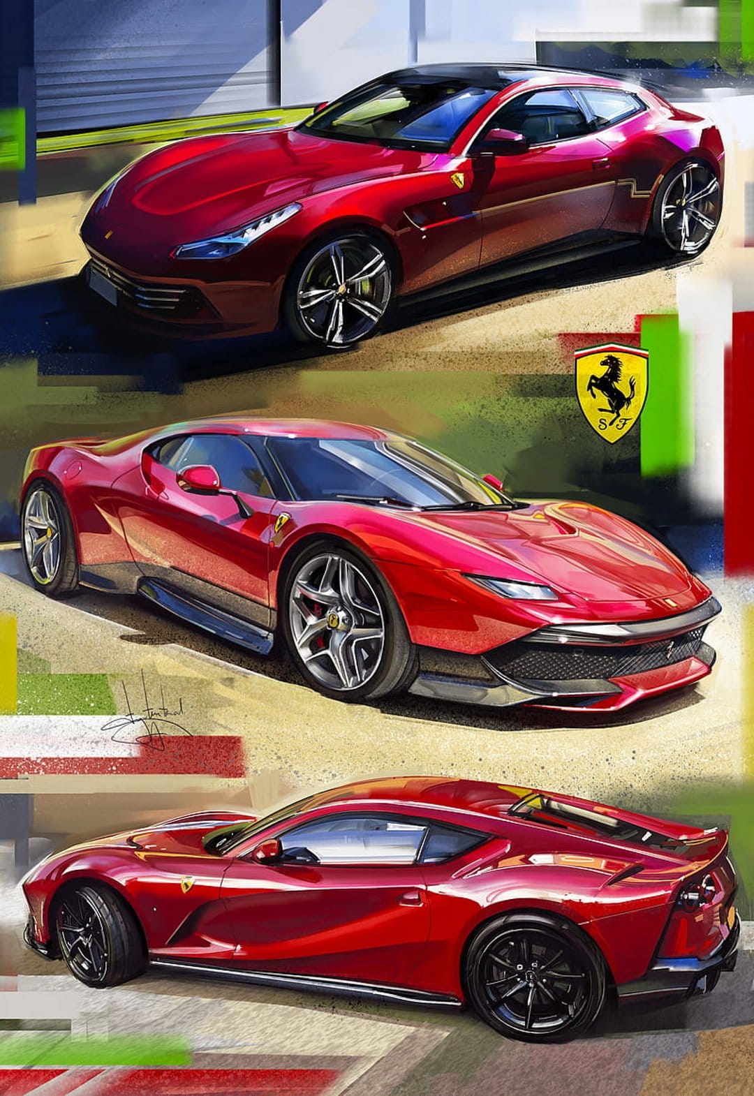 Red Ferrari sports cars in vertical panels featuring a modern coupe, a low-profile supercar, and a sleek silhouette.