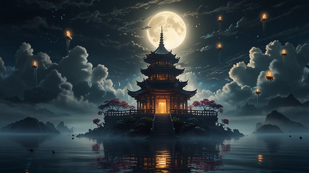 Multi-tiered pagoda illuminated by a large full moon and floating lanterns reflecting in calm nighttime water.